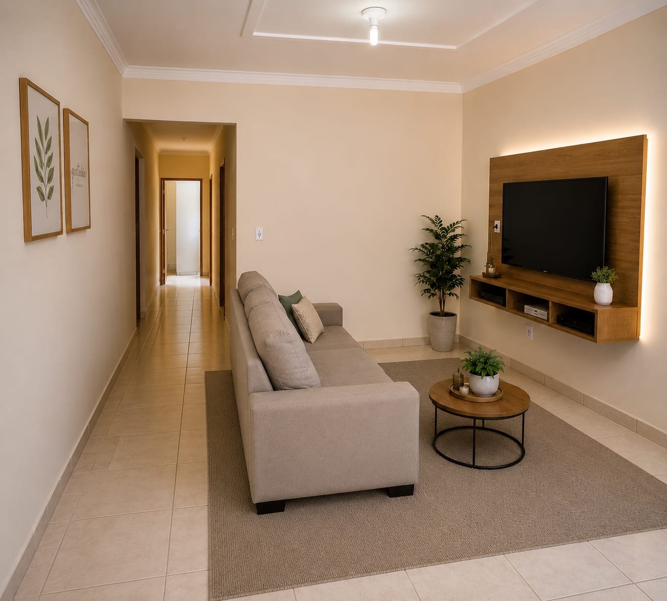 Ampla sala de estar com sofás confortáveis e plantas decorativas